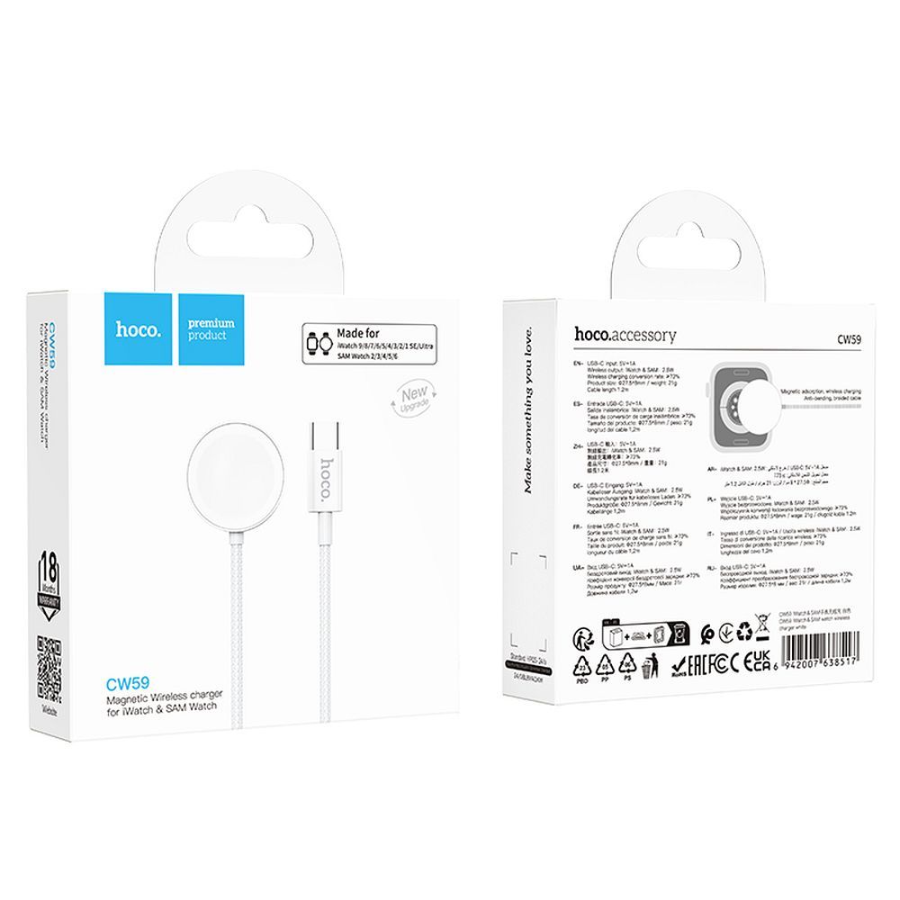 Cable de Carga HOCO CW59 para Apple Watch / Samsung Galaxy Watch Series, Blanco