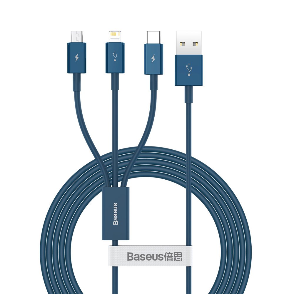 Cable de carga USB-A - Lightning / microUSB / USB-C Baseus Superior 3in1 Series, 20W, 1.5m, Azul CAMLTYS-03 