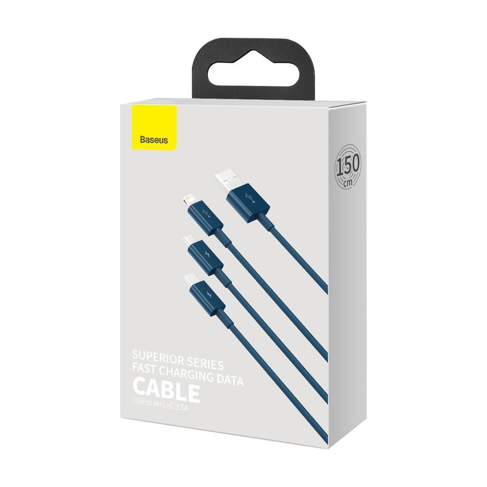 Cable de carga USB-A - Lightning / microUSB / USB-C Baseus Superior 3in1 Series, 20W, 1.5m, Azul CAMLTYS-03 