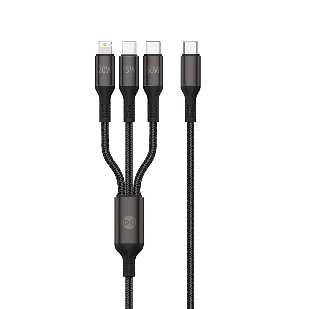 Cable de carga Forever 3en1 USB-A - Lightning / 2 x USB-C Forever 3en1, 60 W, 1,2 m, negro