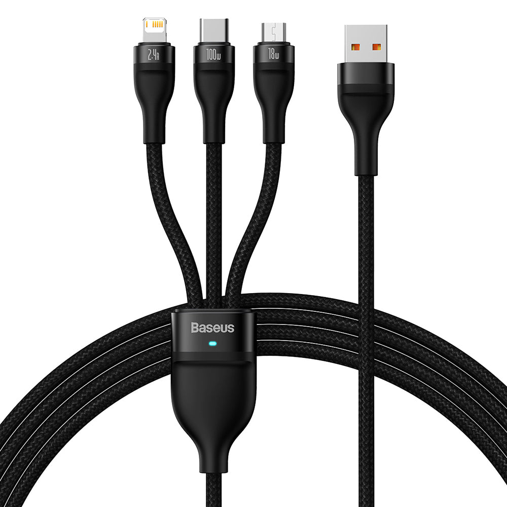 Cable de Carga USB-A - Lightning / microUSB / USB-C Baseus Flash Series II 3in1, 100W, 1.2m, Negro CASS030001