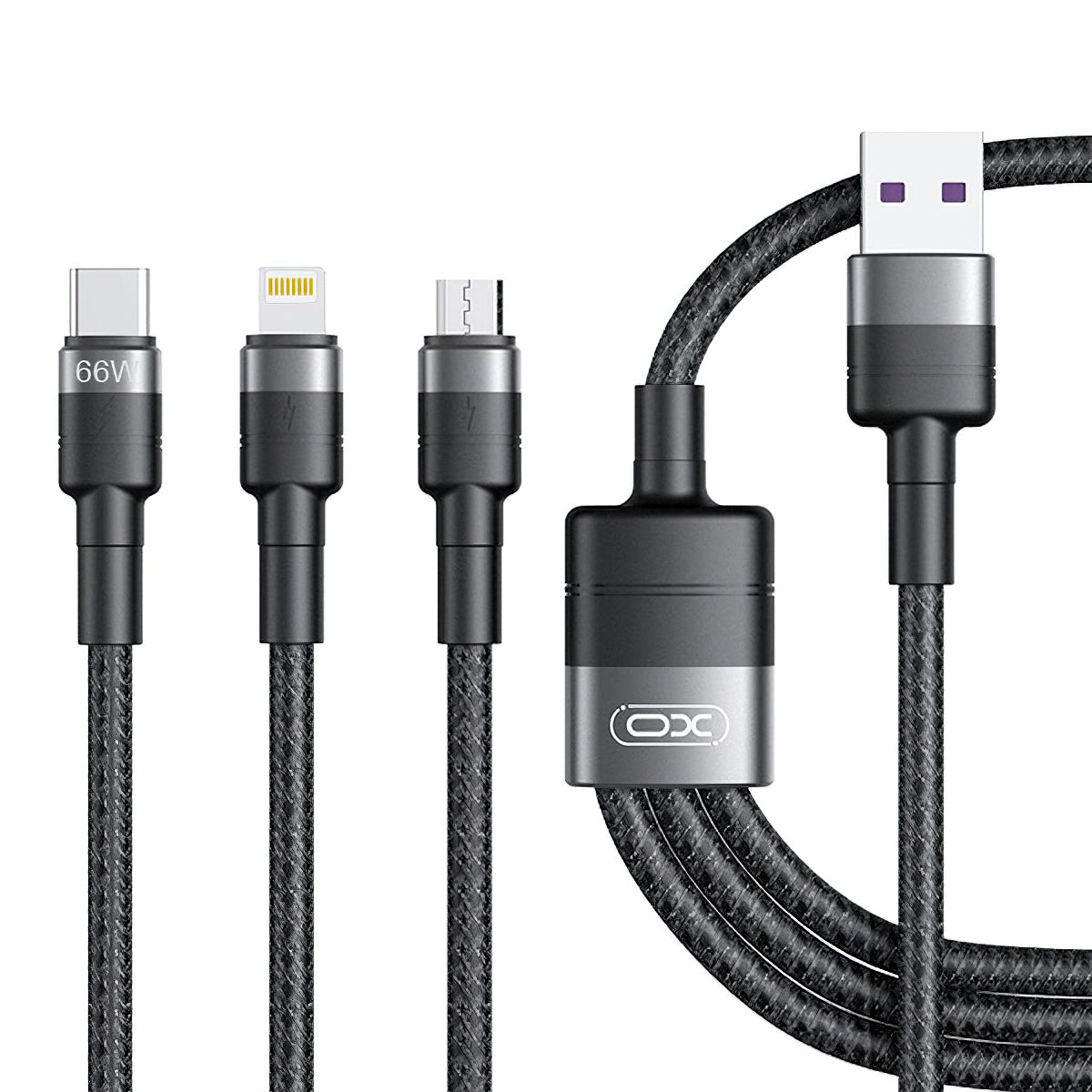 Cable de Carga USB-A - Lightning / microUSB / USB-C XO Design NB-Q191 3in1, 66W, 1.2m, Negro