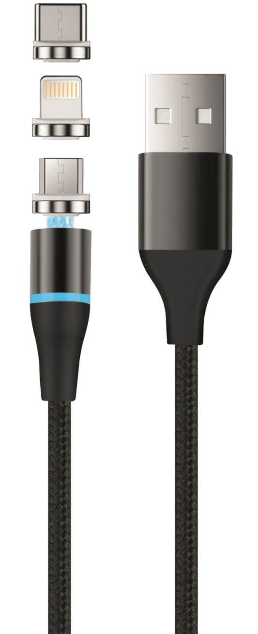 Cable de Carga USB-A - Lightning / microUSB / USB-C Setty Magnetic DT 3in1, 12.5W, 1m, Negro