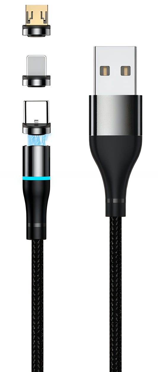 Cable de Carga USB-A - Lightning / microUSB / USB-C Setty Magnético 3en1, 10W, 1m, Negro