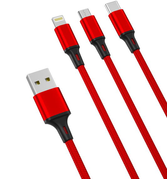 Cable de Carga USB-A - Lightning / microUSB / USB-C XO Design NB173 3en1, 18W, 1.2m, Rojo