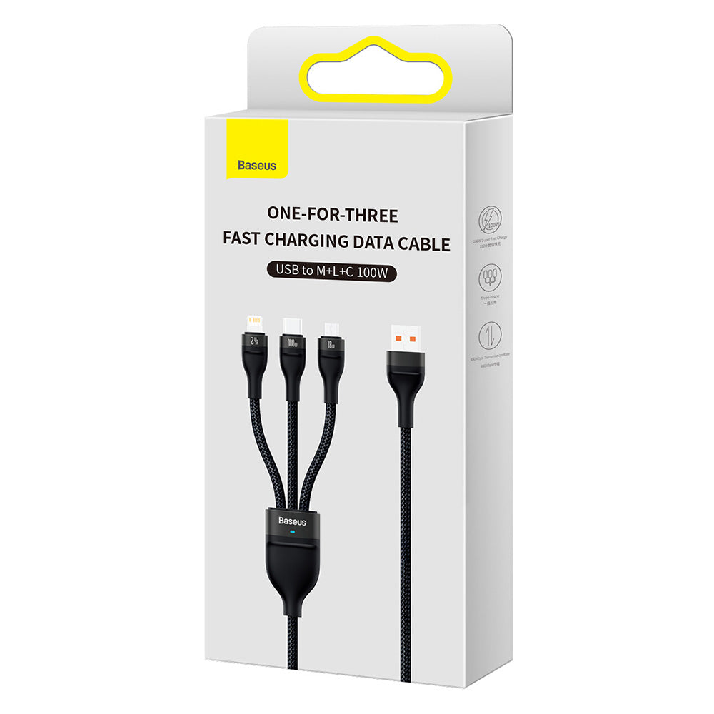 Cable de Carga USB-A - Lightning / microUSB / USB-C Baseus Flash Series II 3in1, 100W, 1.2m, Negro CASS030001