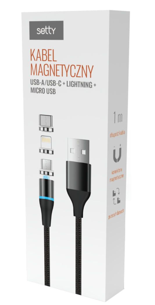 Cable de Carga USB-A - Lightning / microUSB / USB-C Setty Magnetic DT 3in1, 12.5W, 1m, Negro