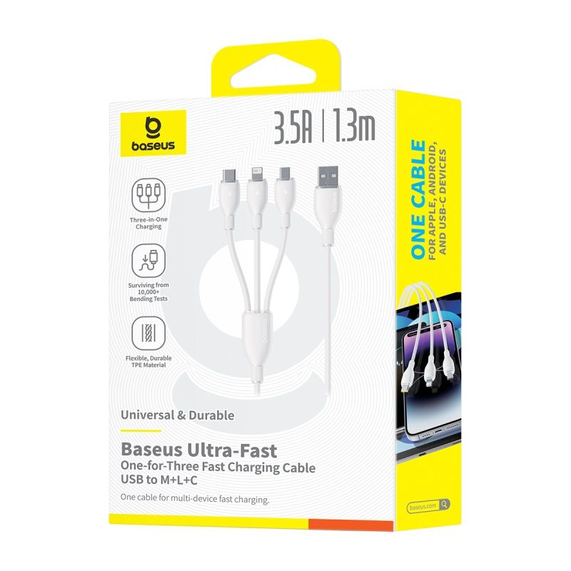 Cable de carga USB-A - Lightning / microUSB / USB-C Baseus Ultra Fast 3en1, 18W, 1.3m, Blanco P10376303211-00