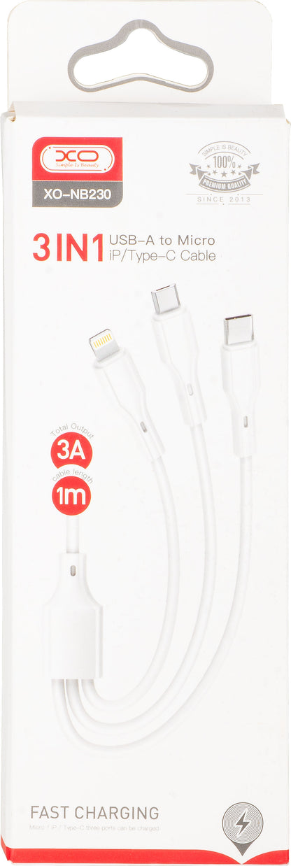 Cable de Carga USB-A - Lightning / microUSB / USB-C XO Design NB230 3en1, 20W, 1m, Blanco