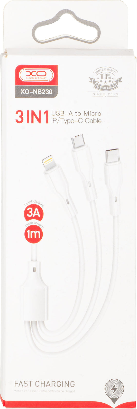 Cable de Carga USB-A - Lightning / microUSB / USB-C XO Design NB230 3en1, 20W, 1m, Blanco