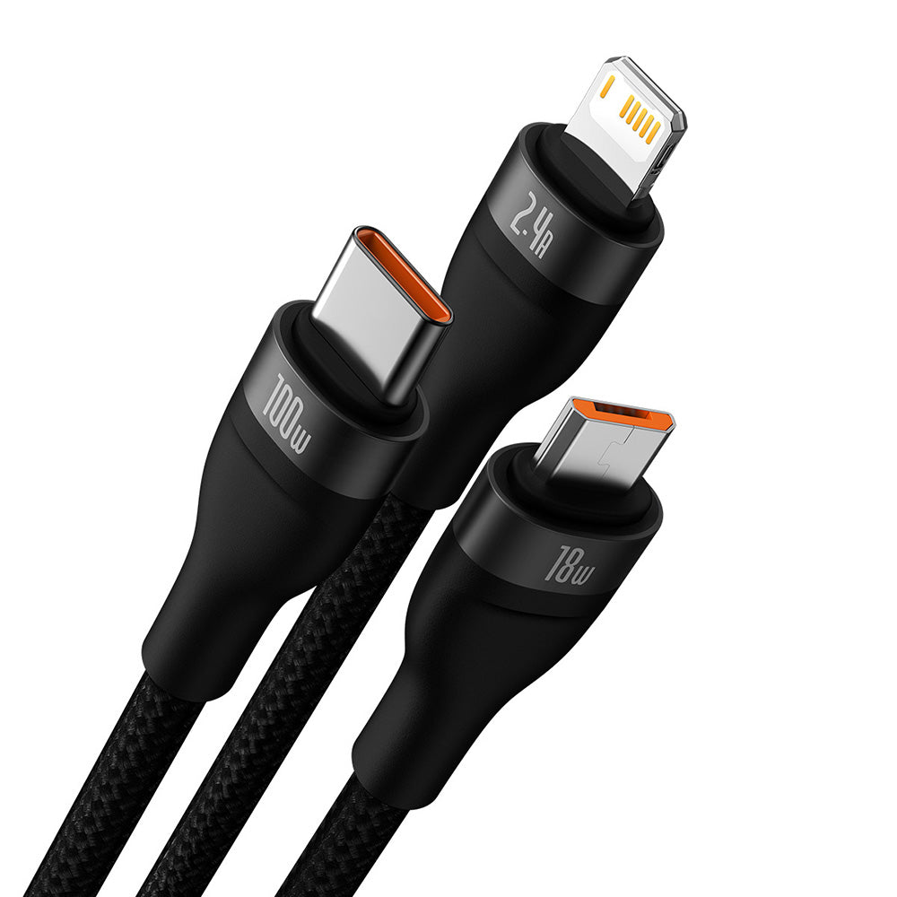 Cable de Carga USB-A - Lightning / microUSB / USB-C Baseus Flash Series II 3in1, 100W, 1.2m, Negro CASS030001
