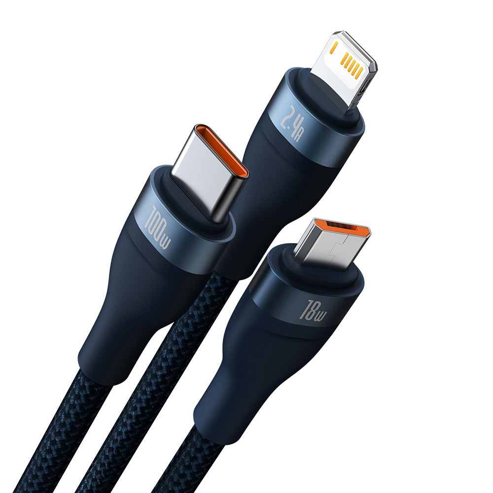 Cable de Carga USB-A - Lightning / microUSB / USB-C Baseus Flash Series II 3en1, 66W, 1.2m, Azul CASS040003