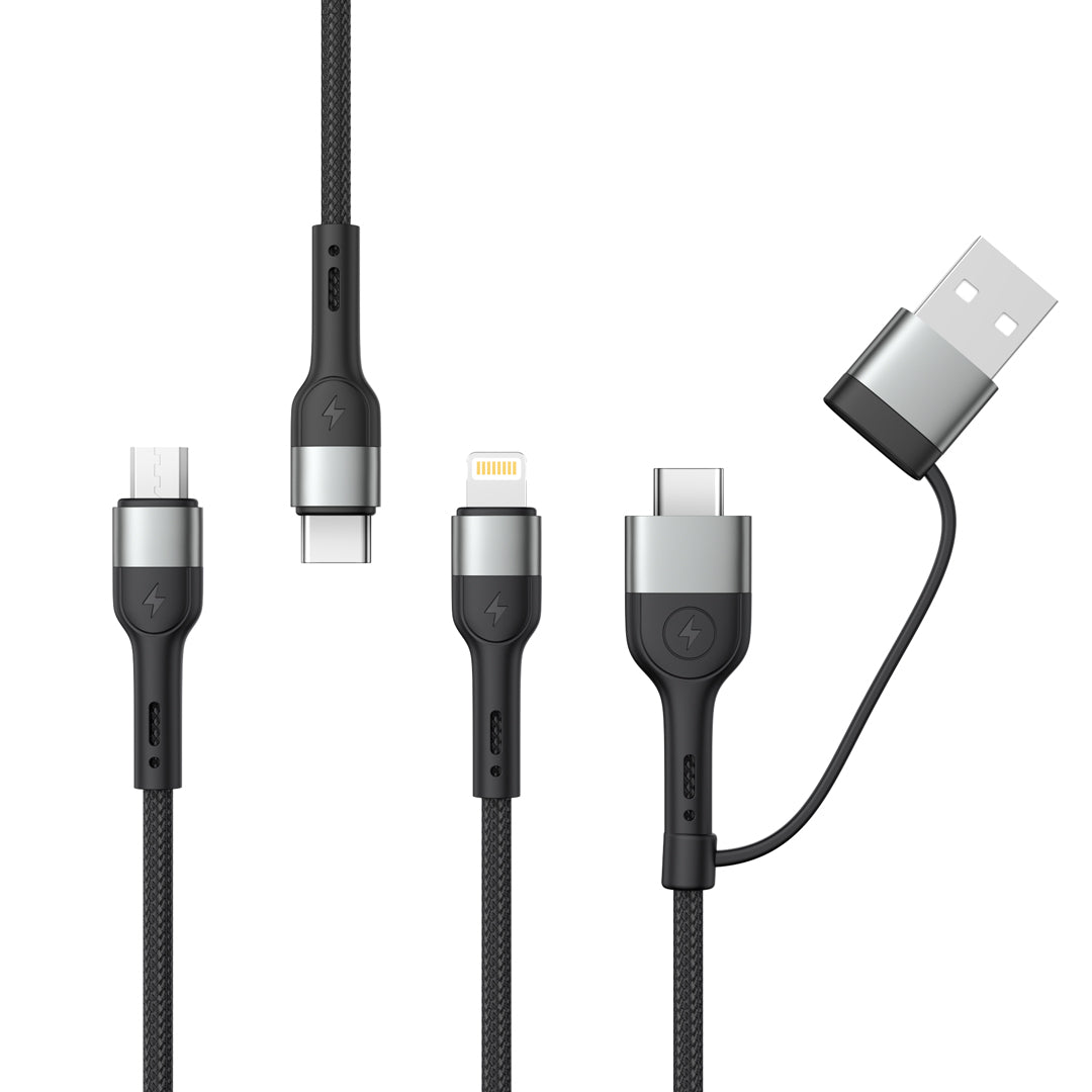 Cable de carga USB-A / USB-C - Lightning / microUSB / USB-C XO Design NB254 3en1, 60W, 1,2m, Negro 