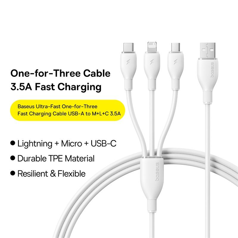 Cable de carga USB-A - Lightning / microUSB / USB-C Baseus Ultra Fast 3en1, 18W, 1.3m, Blanco P10376303211-00