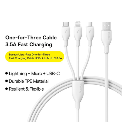 Cable de carga USB-A - Lightning / microUSB / USB-C Baseus Ultra Fast 3en1, 18W, 1.3m, Blanco P10376303211-00