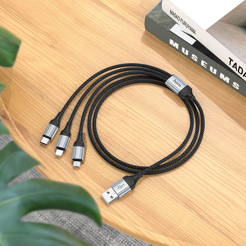 Cable de carga USB-A - Lightning / microUSB / USB-C HOCO X102 3en1, 18W, 1m, Negro 