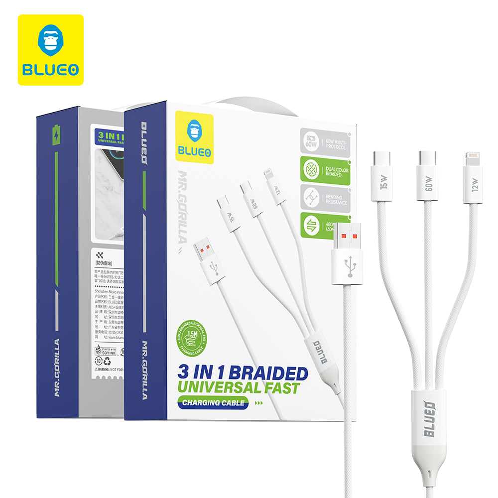 Cable de Carga USB-A - Lightning / 2 x USB-C Blueo, 75W, 1.2m, Blanco