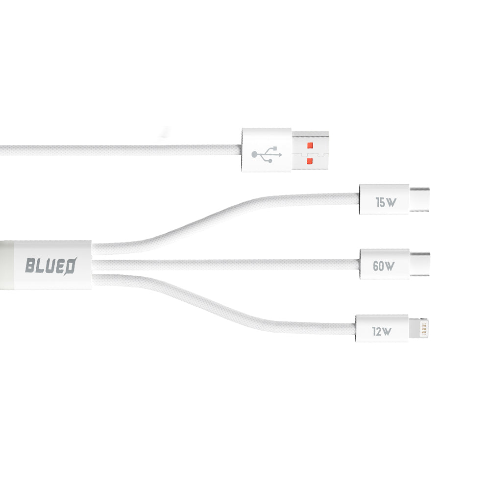 Cable de Carga USB-A - Lightning / 2 x USB-C Blueo, 75W, 1.2m, Blanco