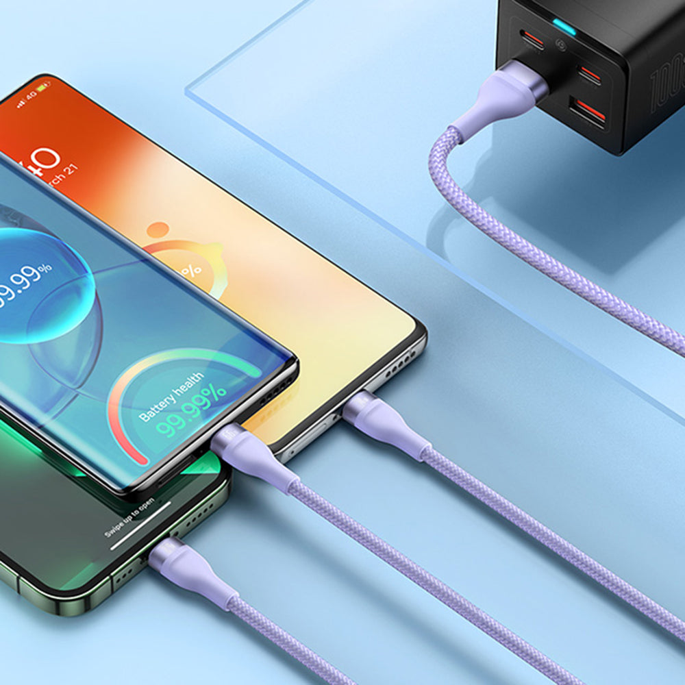 Cable de Carga USB-A - Lightning / microUSB / USB-C Baseus Flash Series II 3en1, 66W, 1.2m, Morado CASS040005