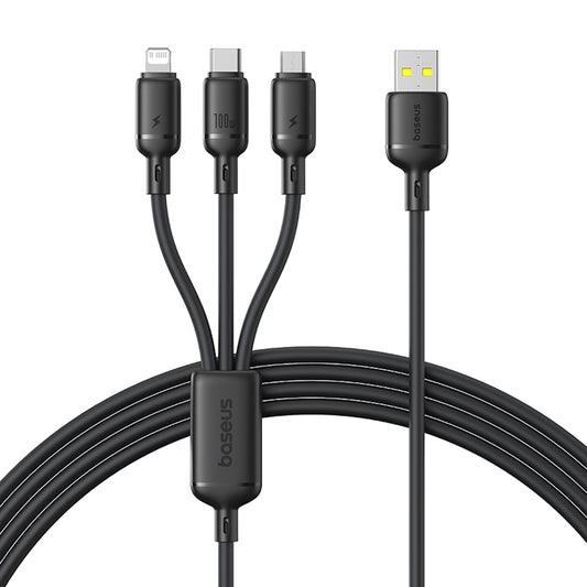 Cable de Carga USB-A - Lightning / microUSB / USB-C Baseus Silky 3in1, 100W, 1.5m, Negro P10377705123-00