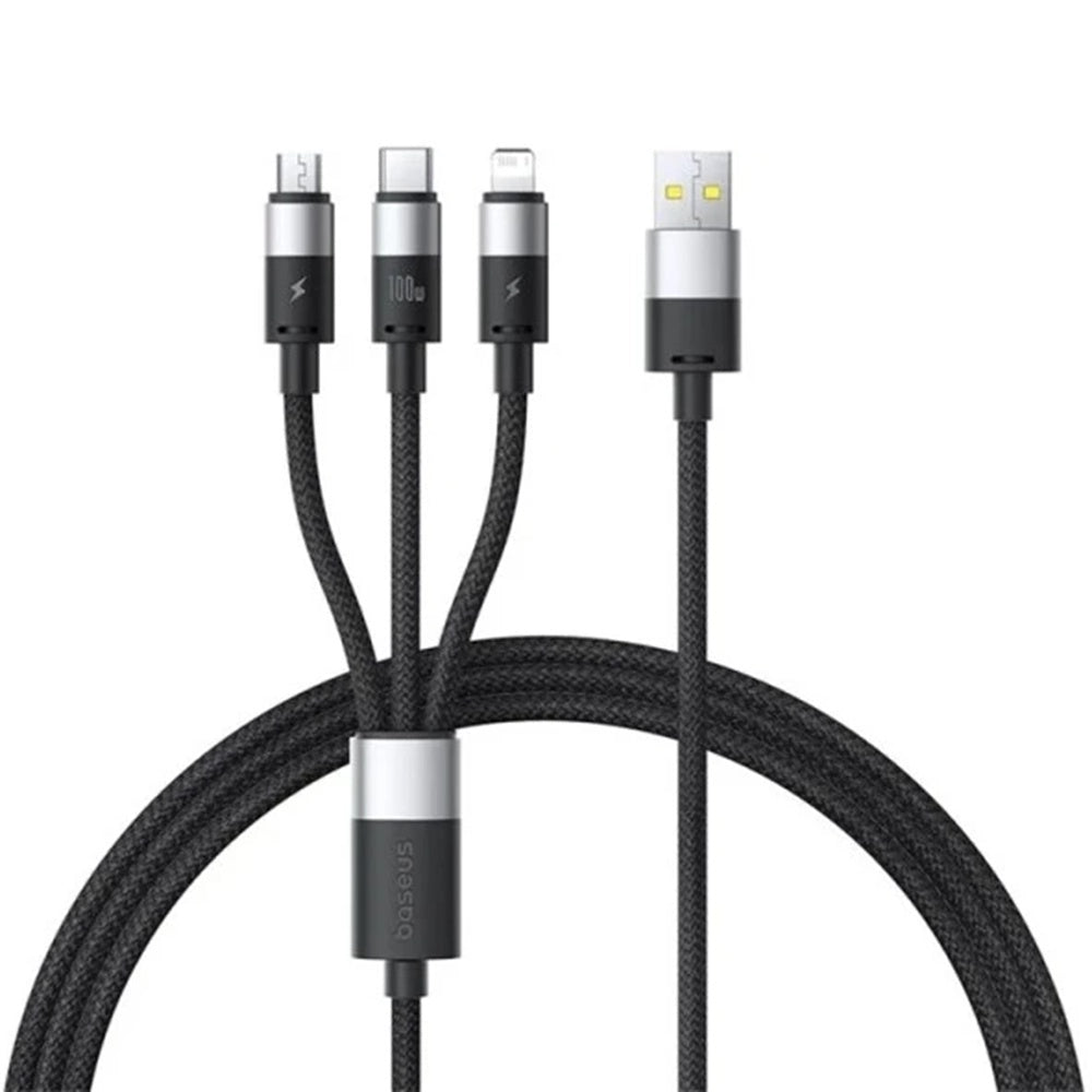 Cable de Carga USB-A - Lightning / microUSB / USB-C Baseus StarSpeed 3in1, 100W, 1.5m, Negro P10319900111-01