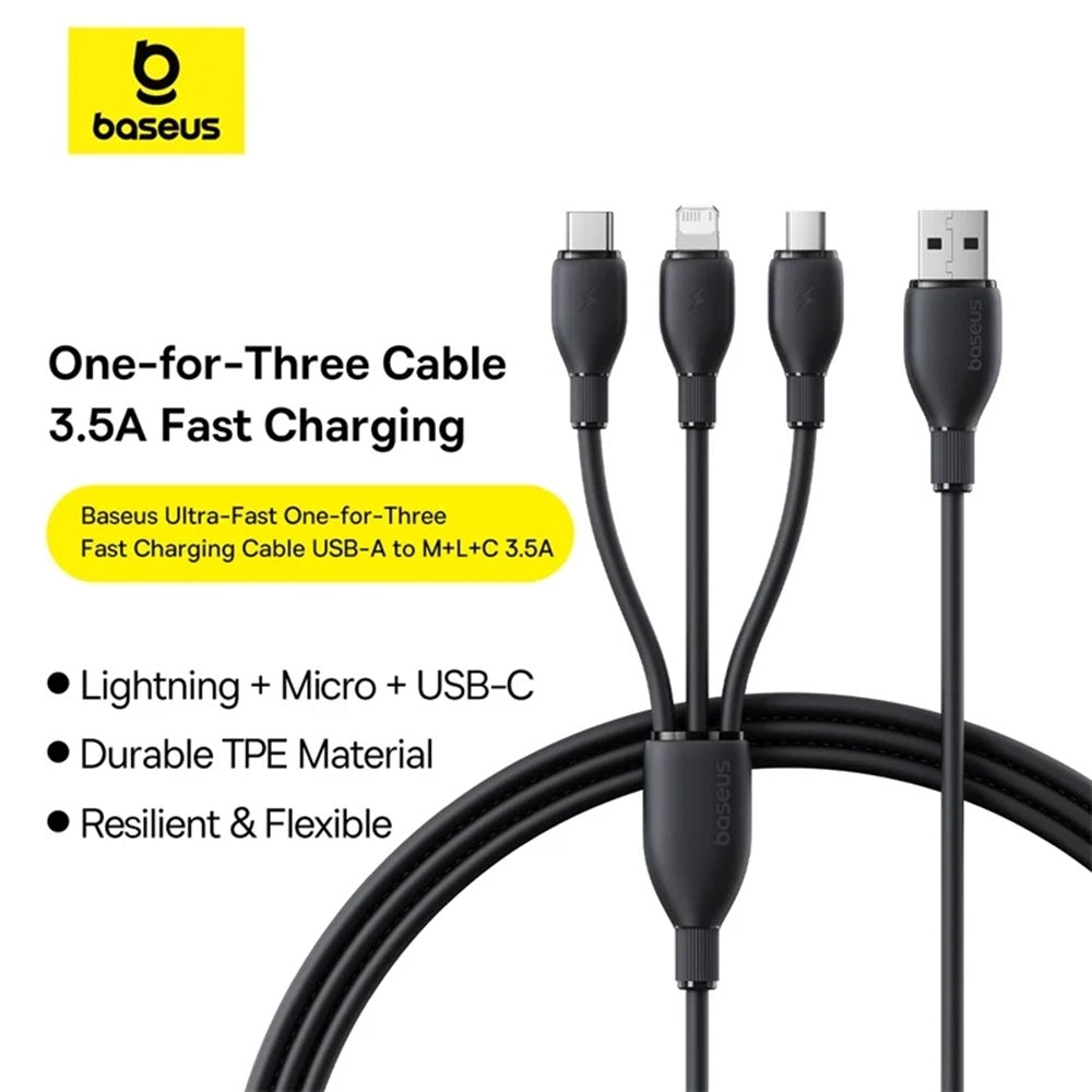 Cable de Carga USB-A - Lightning / microUSB / USB-C Baseus Ultra Fast 3in1, 18W, 1.3m, Negro P10376303121-00
