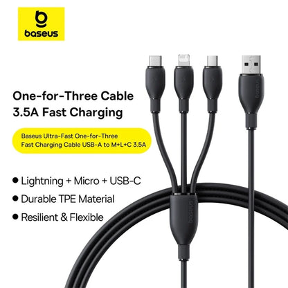 Cable de Carga USB-A - Lightning / microUSB / USB-C Baseus Ultra Fast 3in1, 18W, 1.3m, Negro P10376303121-00