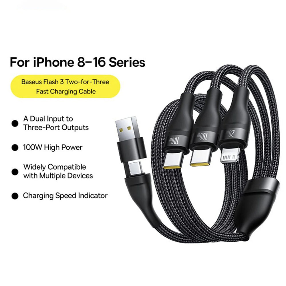 Cable de Carga USB-A / USB-C - Lightning / 2 x USB-C Baseus Flash Series III 3in1, 100W, 1.5m, Negro P10377800U01-00