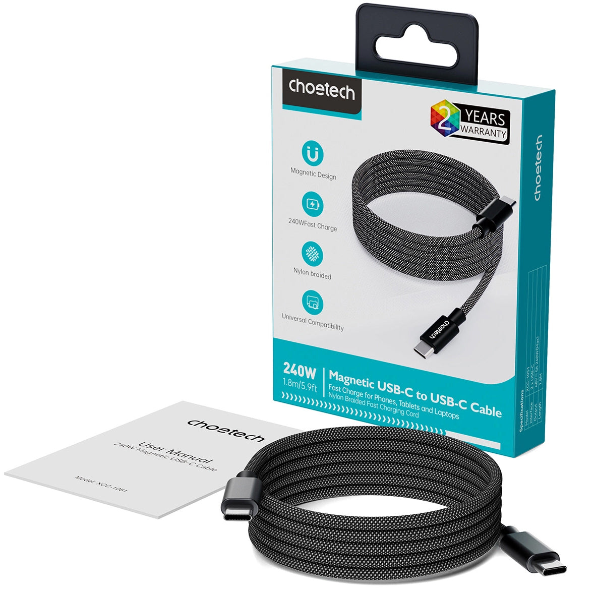 Cable de carga USB-C - USB-C Choetech XCC-1052, 100 W, 1,2 m, negro 