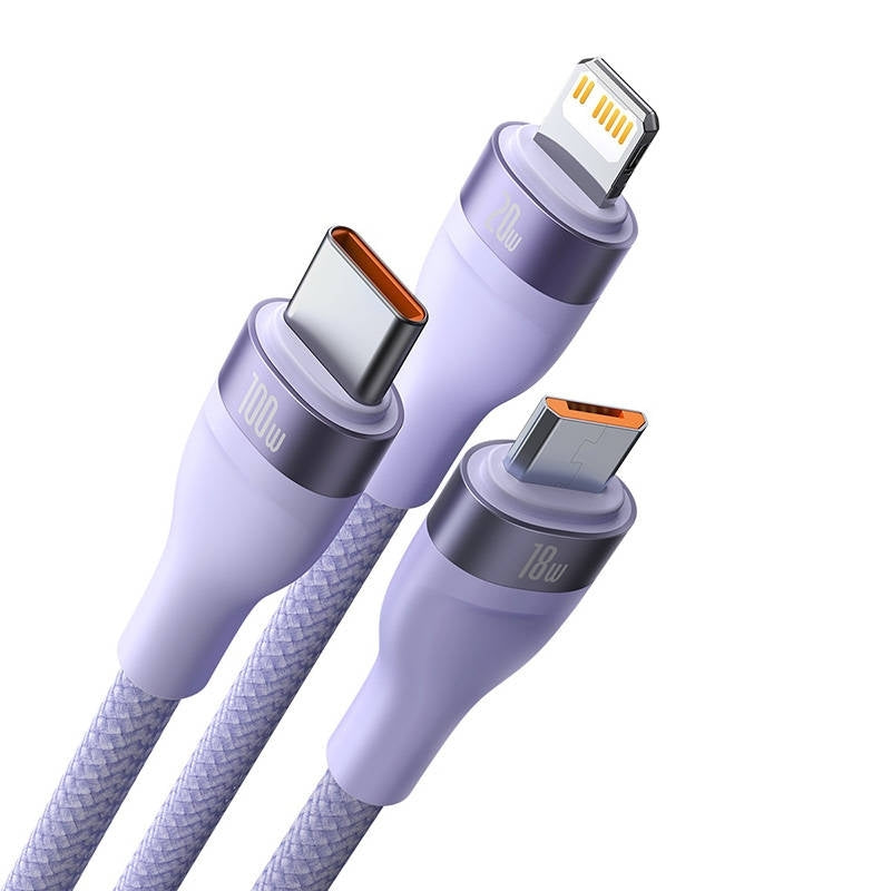 Cable de Carga USB-C - Lightning / microUSB / USB-C Baseus Flash Series II 3in1, 100W, 1.5m, Morado CASS030205