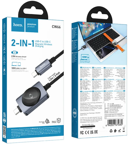 Cable de carga USB-C - USB-C HOCO CW66 2en1, 100W, 1.2m, Negro