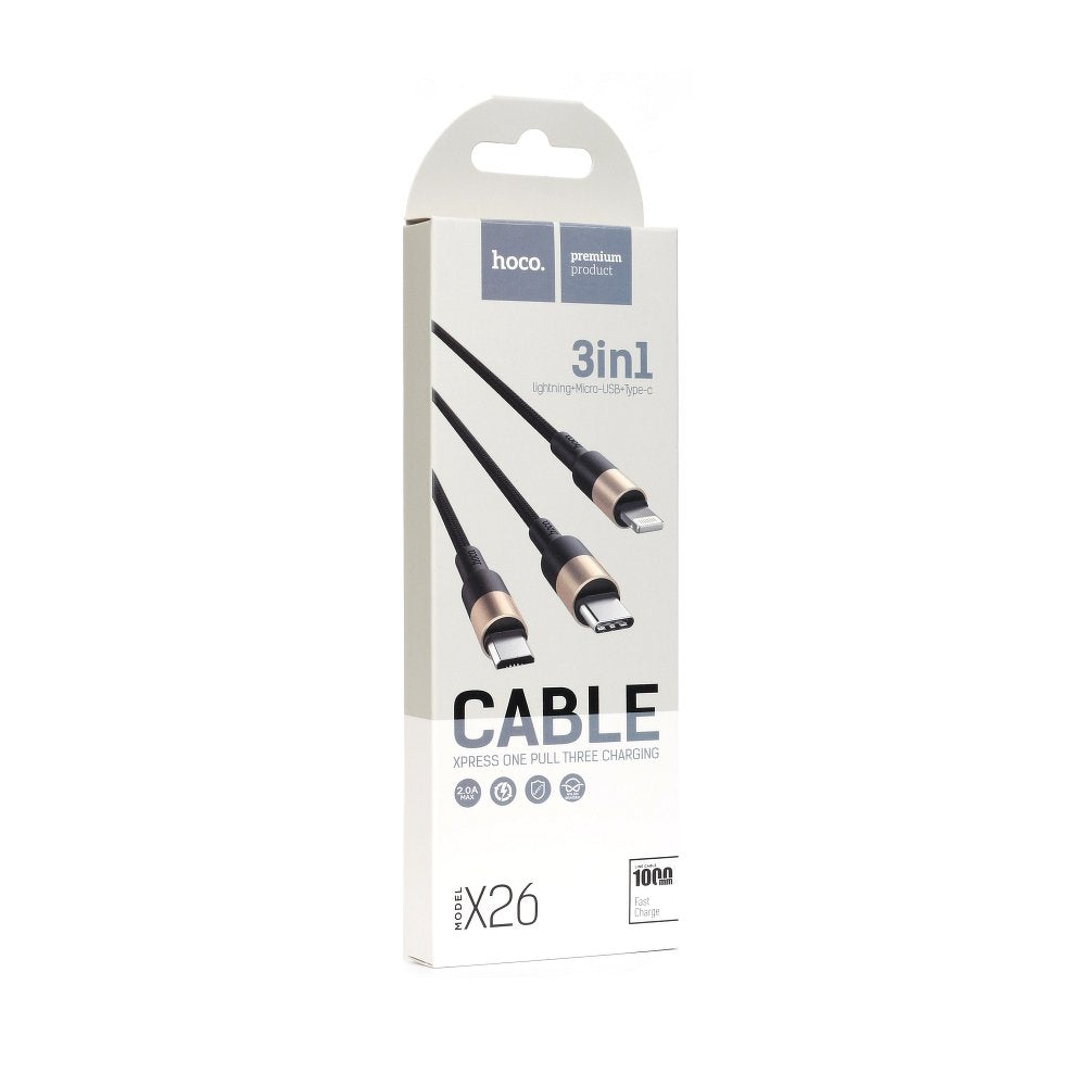 Cable de carga USB-A - Lightning / microUSB / USB-C HOCO X26 Xpress 3en1, 18W, 1m, Dorado