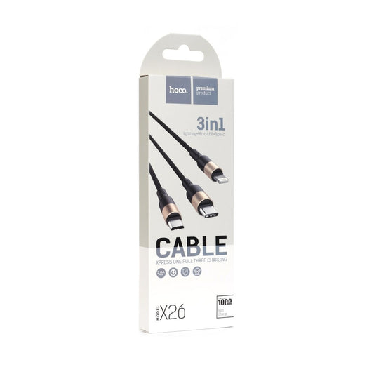 Cable de carga USB-A - Lightning / microUSB / USB-C HOCO X26 Xpress 3en1, 18W, 1m, Dorado