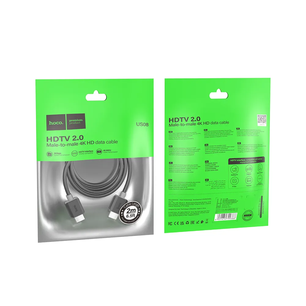 Cable de Video HOCO US08, HDMI - HDMI, 4K, 2m, Negro