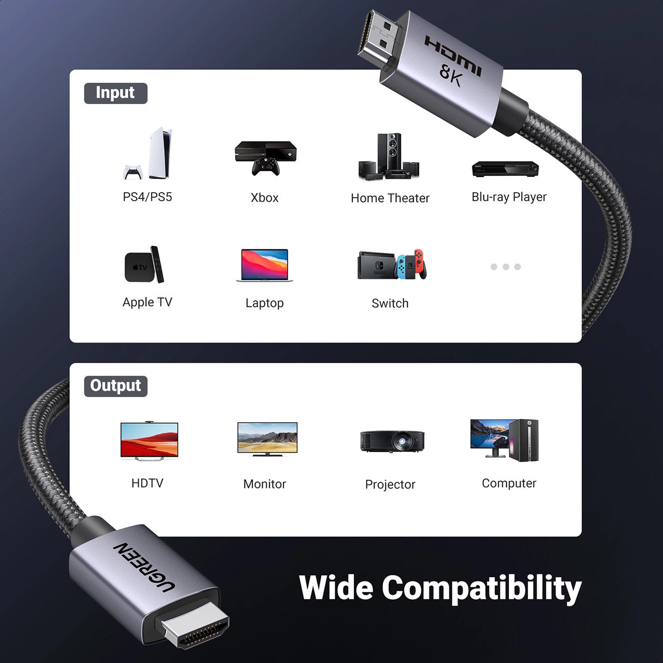 Cable de Video UGREEN HD171, HDMI - HDMI, 8K, 2m, Negro