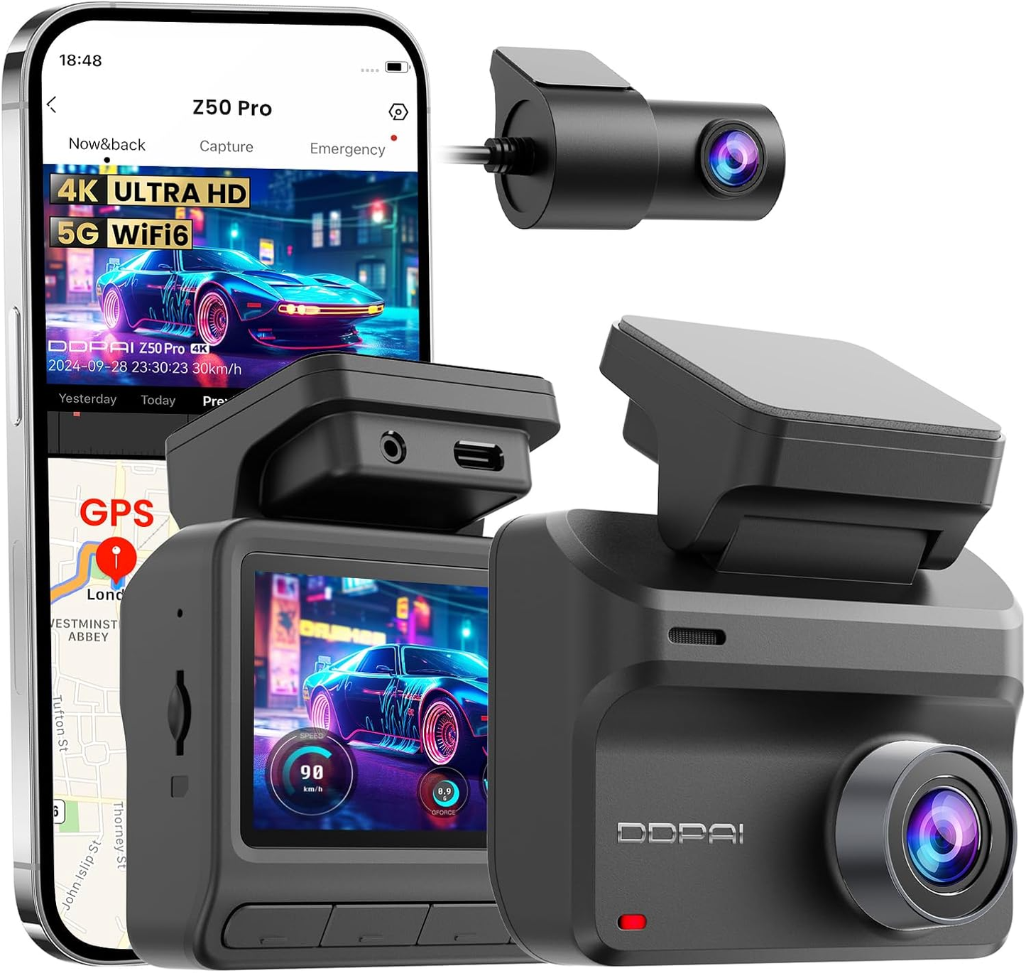 Cámara Auto Delantera Trasera DDPAI Z50 Pro Dual, 4K, Wi-Fi, GPS, Pantalla de 3 pulgadas