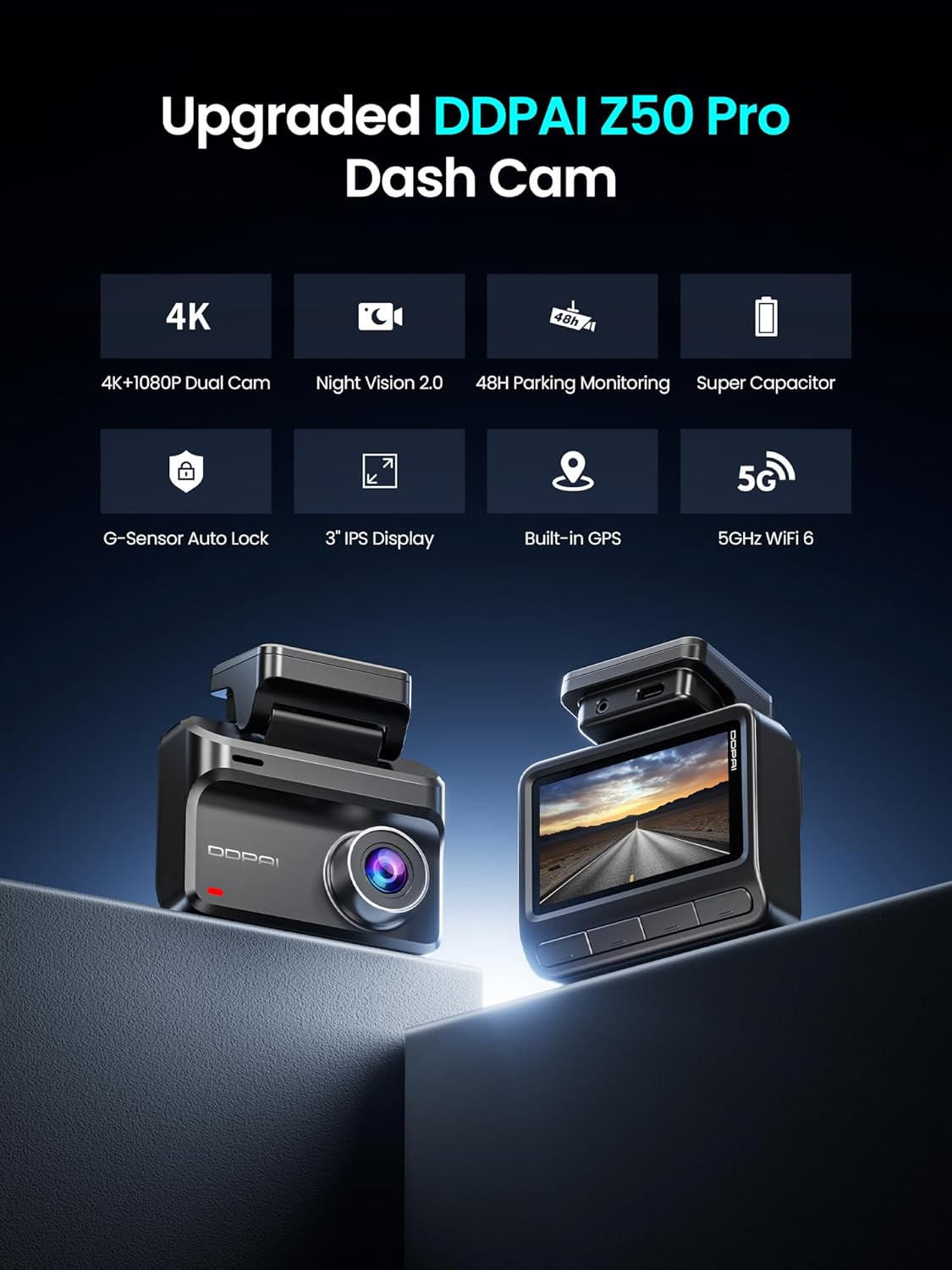 Cámara Auto Delantera Trasera DDPAI Z50 Pro Dual, 4K, Wi-Fi, GPS, Pantalla de 3 pulgadas