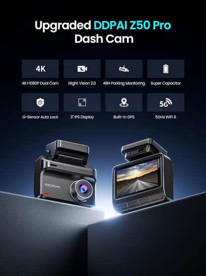 Cámara Auto Delantera Trasera DDPAI Z50 Pro Dual, 4K, Wi-Fi, GPS, Pantalla de 3 pulgadas