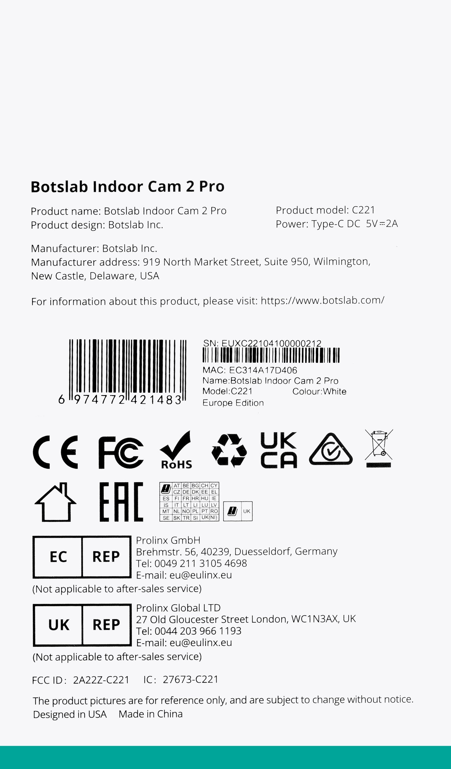 Cámara de vigilancia Botslab 2 Pro C221, Wi-Fi, 3K, Interior 