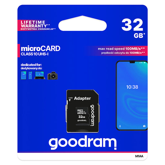 Tarjeta de Memoria microSDHC GoodRam, 32Gb, Clase 10 / UHS-1 U1, Con Adaptador