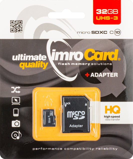 Tarjeta de Memoria microSDHC Imro, 32Gb, Clase 10 / UHS-1 U3, Con Adaptador