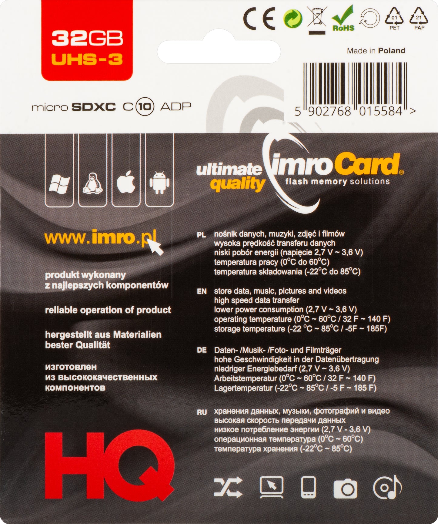 Tarjeta de Memoria microSDHC Imro, 32Gb, Clase 10 / UHS-1 U3, Con Adaptador