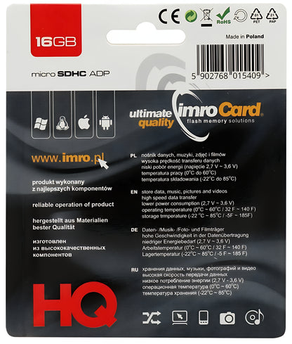 Tarjeta de Memoria microSDHC Imro, 16Gb, Clase 4, Con Adaptador