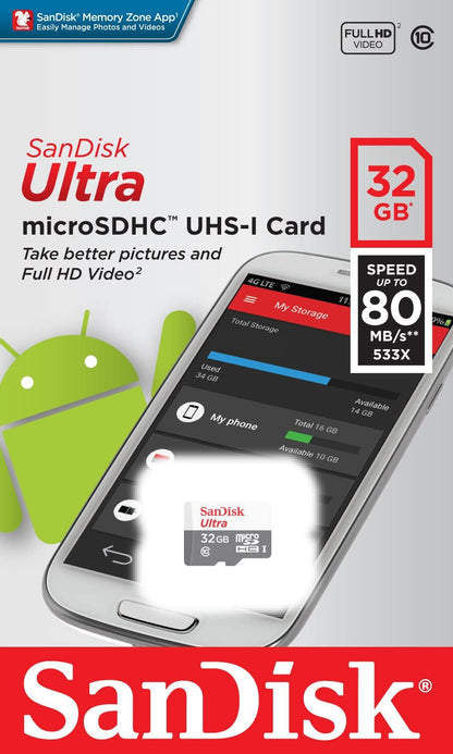 Tarjeta de memoria SanDisk Ultra Android microSDHC, 32 Gb, Clase 10 / UHS-1 U1 SDSQUNR-032G-GN3MN SDSQUNR-032G-GN3MN