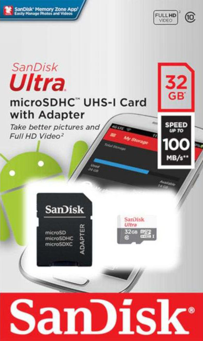 Tarjeta de Memoria microSDHC SanDisk Ultra, 32Gb, Clase 10, Con Adaptador SDSQUNR-032G-GN3MA