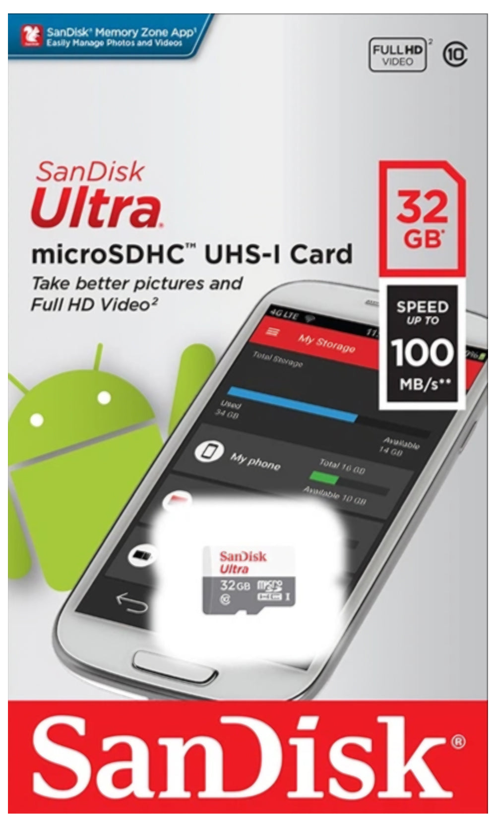 Tarjeta de Memoria microSDHC SanDisk Ultra, 32Gb, Clase 10 SDSQUNR-032G-GN3MN