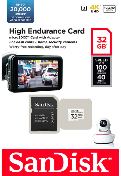 Tarjeta de Memoria microSDHC SanDisk High Endurance, 32Gb, Clase 10 / UHS-1 U3, Con Adaptador SDSQQNR-032G-GN6IA