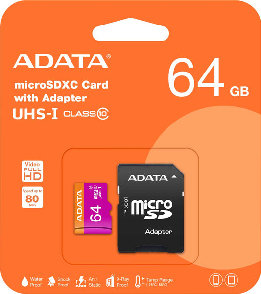 Tarjeta de memoria Adata microSDXC, 64Gb, Clase 10 / UHS-1 U1, con adaptador AUSDX64GUICL10-RA1