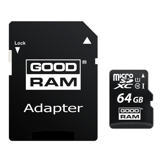 Tarjeta de Memoria microSDXC GoodRam, 64Gb, Clase 10 / UHS-1 U1, Con Adaptador M1AA-0640R12
