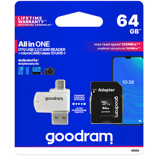 Tarjeta de Memoria microSDXC GoodRam, 64Gb, Clase 10 / UHS-1 U1, Con Lector de Tarjetas y Adaptador M1A4-0640R12